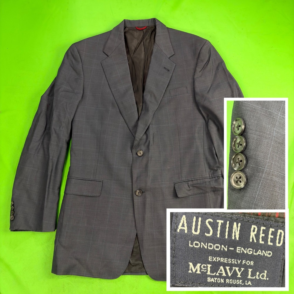 VTG Austin Reed 100% Worsted Wool Blazer Mens 42L Gray Windowpane USA Union Made